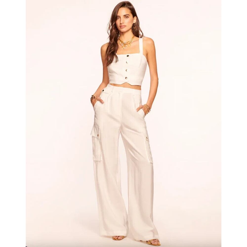 NWT Ramy Brook Emil Cargo Pants Size 6 Ivory Rayon High Waist Wide Leg $395